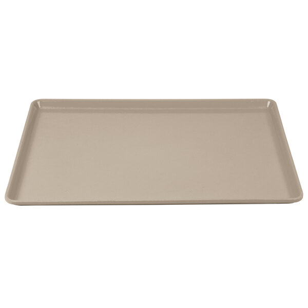 A rectangular taupe Cambro dietary tray with a white border.