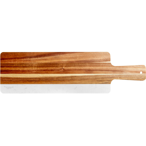 An Acopa acacia wood serving board with a marble stripe and handle.