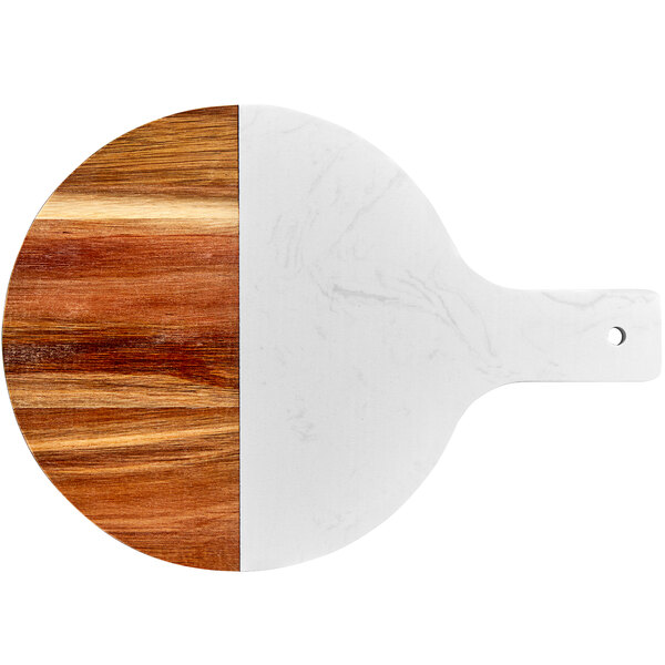 An Acacia wood serving board with a white and brown handle.