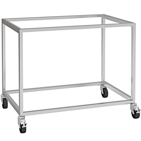 A metal stand with black wheels.