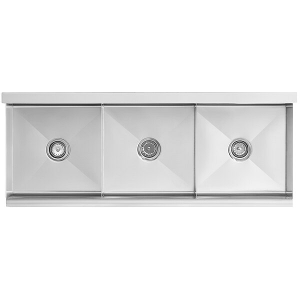 A white Regency stainless steel utility sink with three bowls and drains.