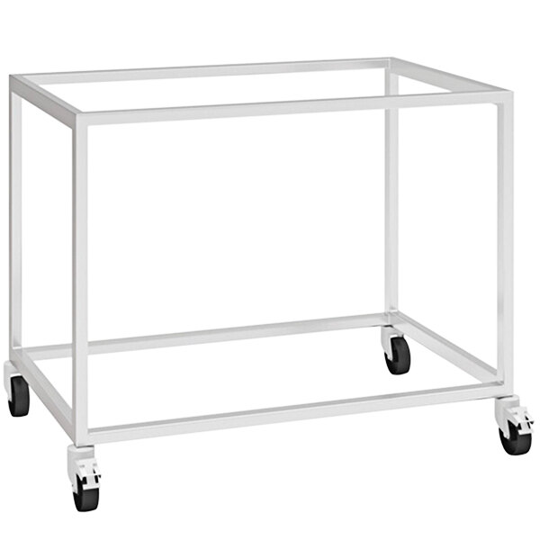 A white metal open base stand with black wheels.