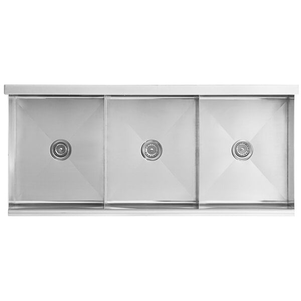 A Regency stainless steel utility sink with three bowls.