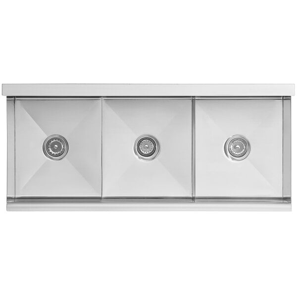 A white rectangular stainless steel utility sink with three round bowls.