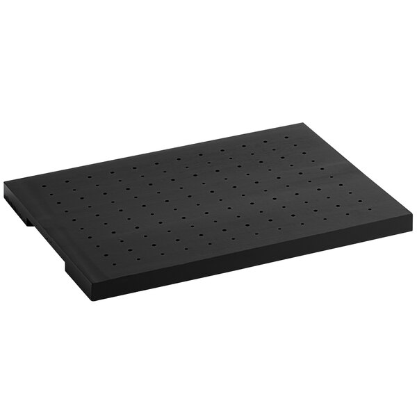A black rectangular Acopa Mesa skewer holder with holes.