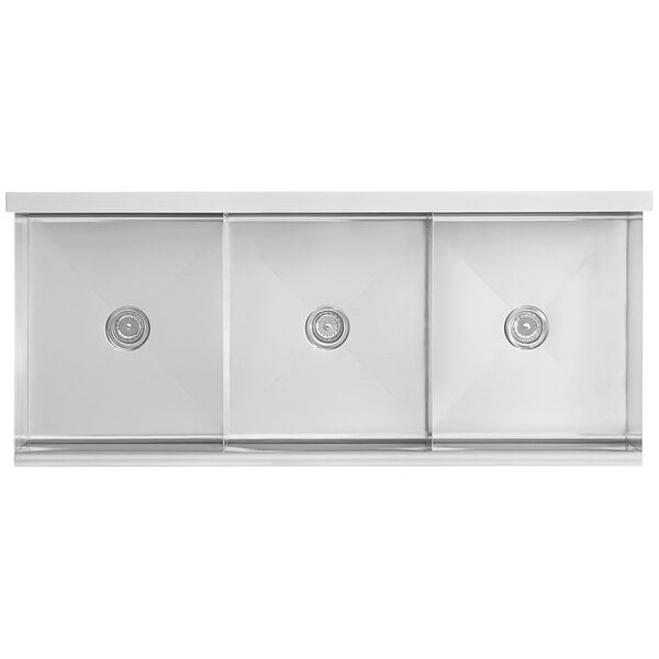 A white square stainless steel utility sink with three compartments.