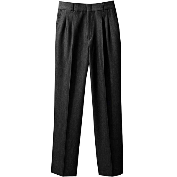A close-up of Henry Segal black pleated front suit pants.