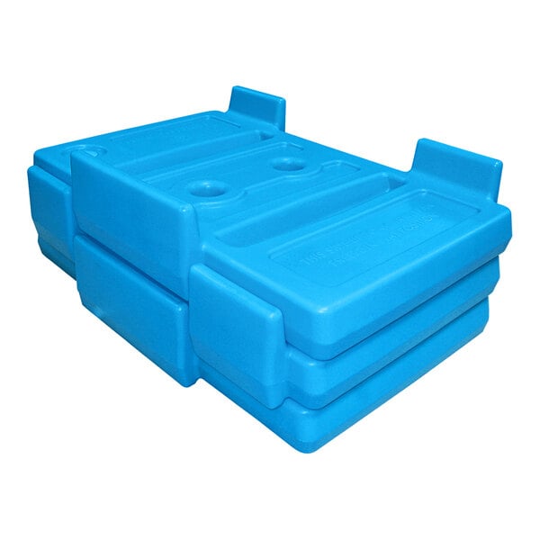 A close-up of a blue plastic container with three compartments.