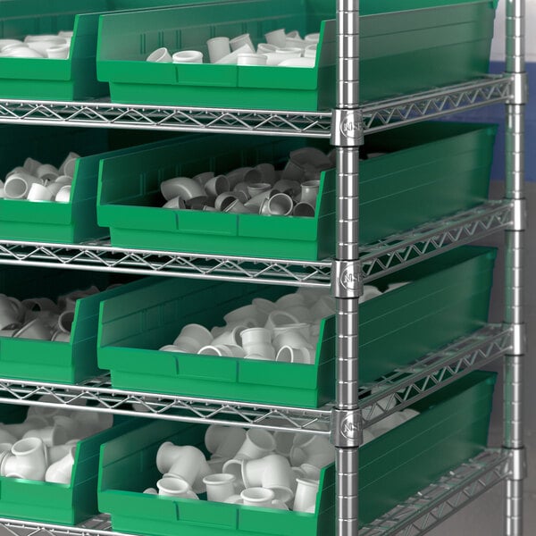 Metal shelving with Regency green shelf bins.
