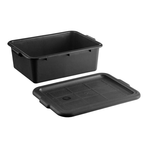 A black polypropylene bus tub with a matching cover.