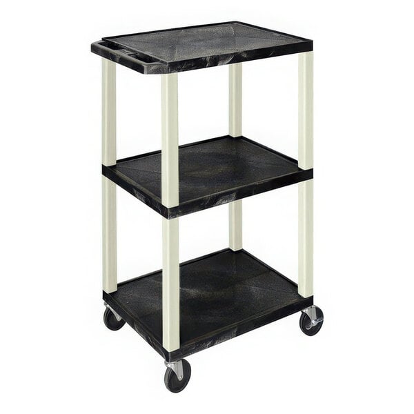 A black Luxor Tuffy AV cart with three shelves and wheels.