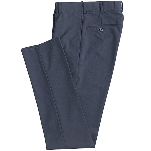 Henry Segal navy flat front suit pants for men folded on a white background.