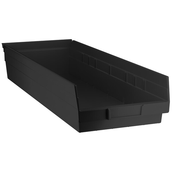 A black plastic Regency shelf bin with a black handle.