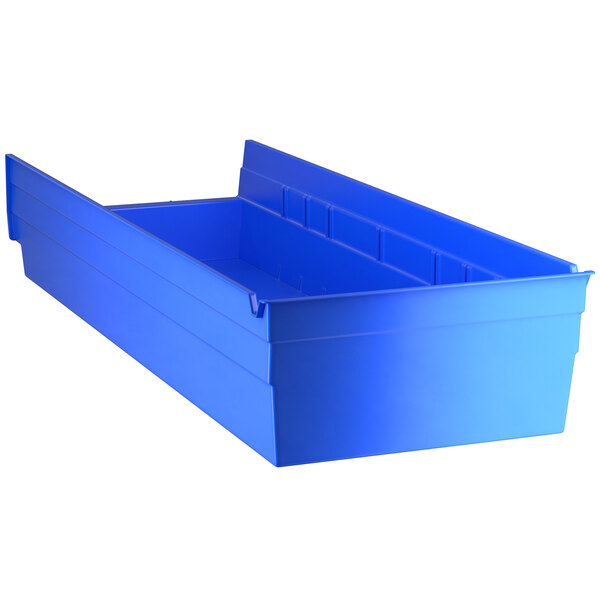 A blue plastic Regency shelf bin.