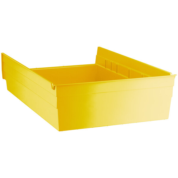 A yellow plastic rectangular shelf bin with an open lid.