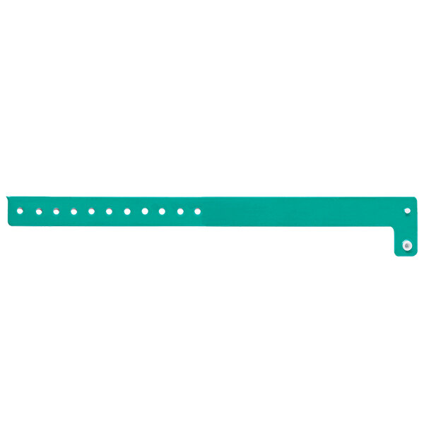 A teal plastic wristband with holes.