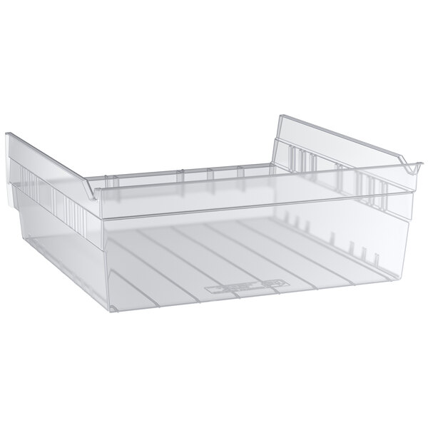 A clear plastic Regency shelf bin.