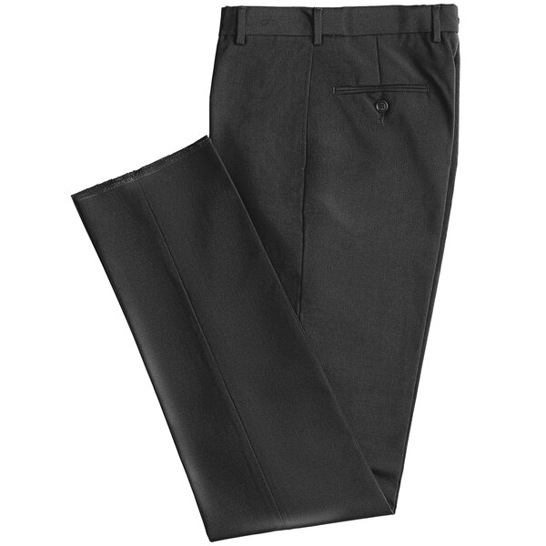 A pair of Henry Segal black flat front suit pants folded up.