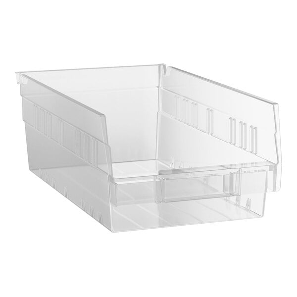 A clear plastic shelf bin with a front label holder, measuring 11 5/8 inches by 6 5/8 inches by 4 inches.