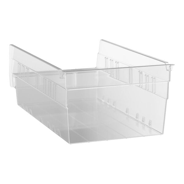 A clear plastic shelf bin with open front and raised sides, measuring 11 5/8 inches by 6 5/8 inches by 4 inches.