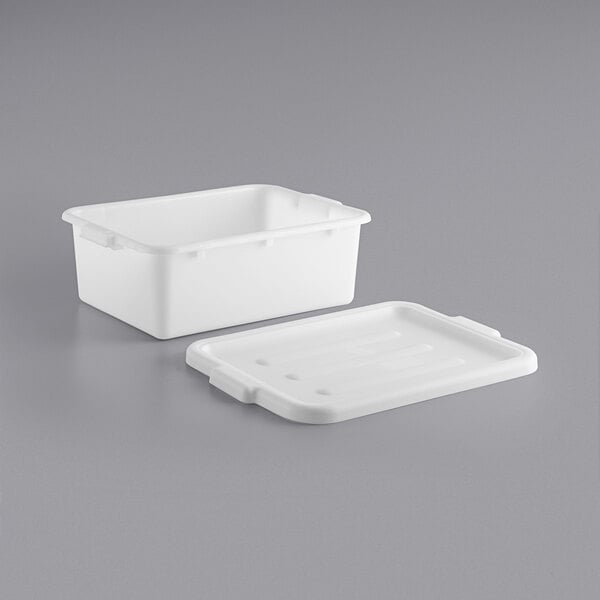 A white plastic Choice bus tub with a lid.