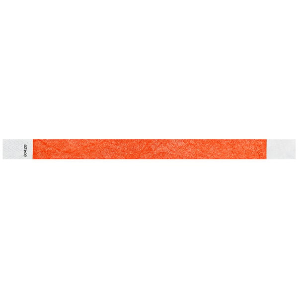 A coral red wristband with white stripes and white customizable area.