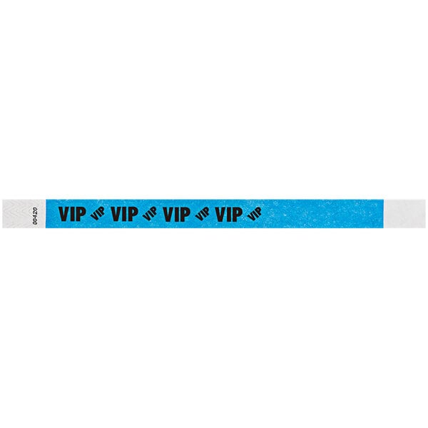 A neon blue Carnival King Tyvek wristband with black text that says "VIP"