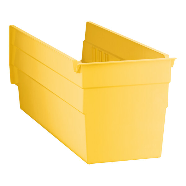 A yellow plastic shelf bin with open top and front, measuring 11 5/8 inches by 4 1/8 inches by 4 inches.