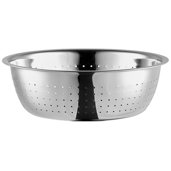 A silver stainless steel Choice Chinese colander with holes.