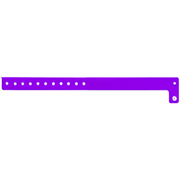 A purple plastic wristband with white holes.