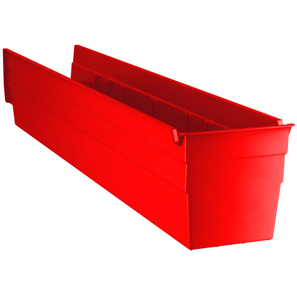 A red plastic Regency shelf bin with two compartments.
