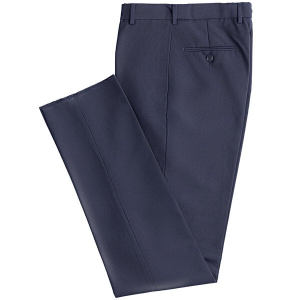 A pair of folded navy Henry Segal flat front pants with a pocket.