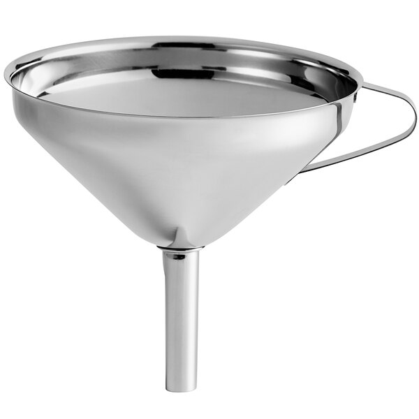 A silver stainless steel funnel with a handle.