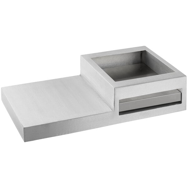 A brushed aluminum rectangular butane station with a rectangular metal compartment inside.