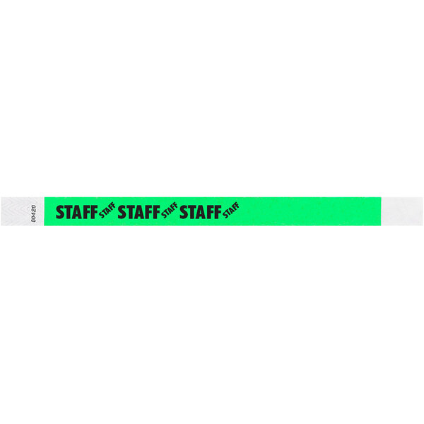 A mint green Tyvek wristband with the word "STAFF" in black.