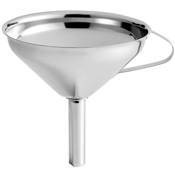A silver stainless steel funnel with a handle.