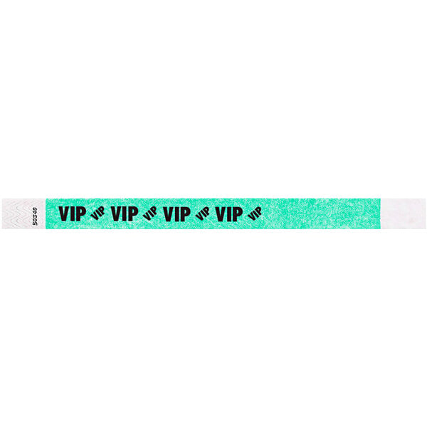 A green Carnival King Tyvek wristband with the word "VIP" in black.