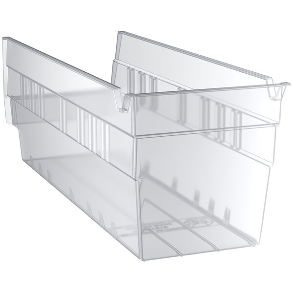 A Regency clear plastic shelf bin with a handle.