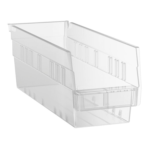 A clear plastic shelf bin with a rectangular shape and open front.