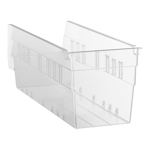 A clear plastic shelf bin measuring 11 5/8 inches by 4 1/8 inches by 4 inches.