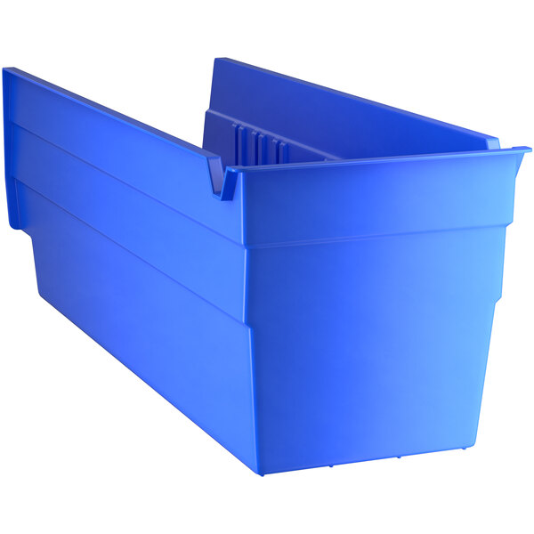 A blue plastic Regency shelf bin.