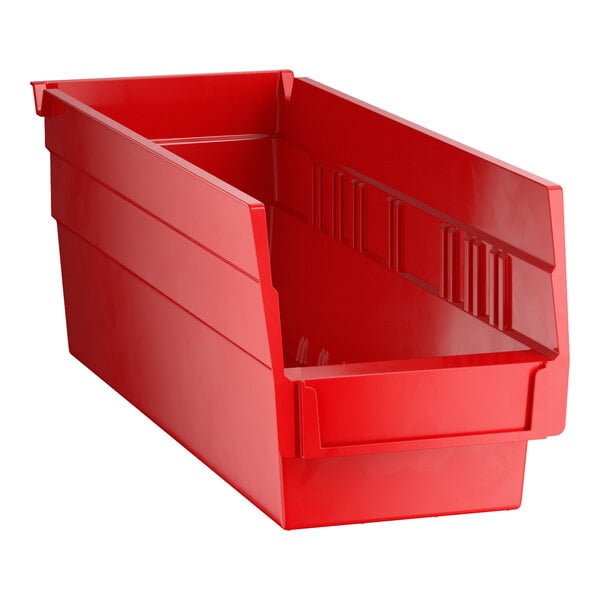 A red plastic shelf bin with an open front and ribbed sides.