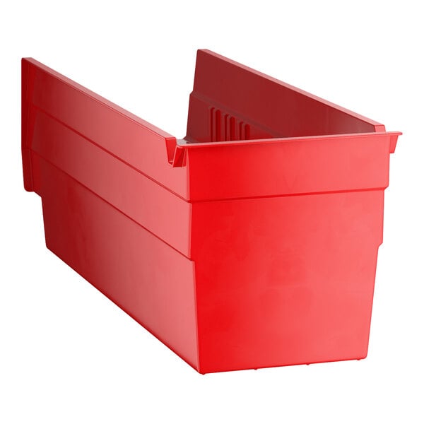 A red plastic shelf bin with an open top and reinforced sides.