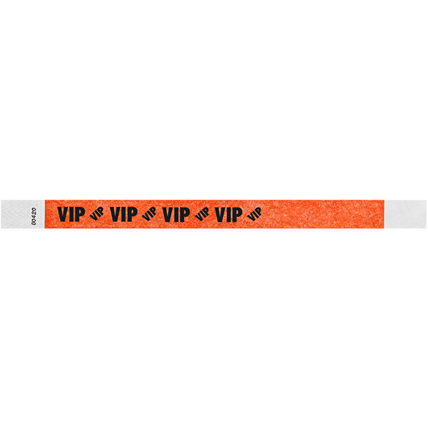 A red and white wristband with the word "VIP" in red and black.