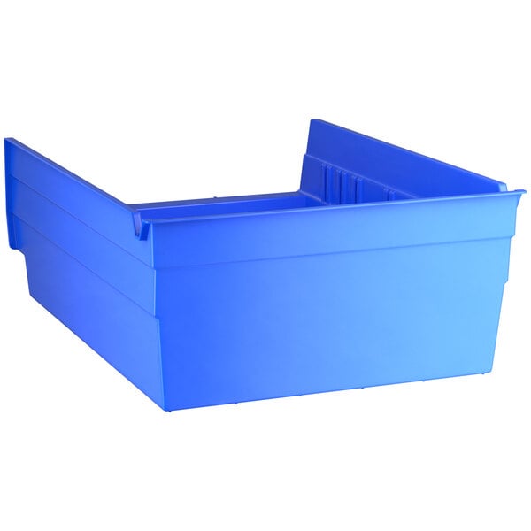 A Regency blue plastic shelf bin.