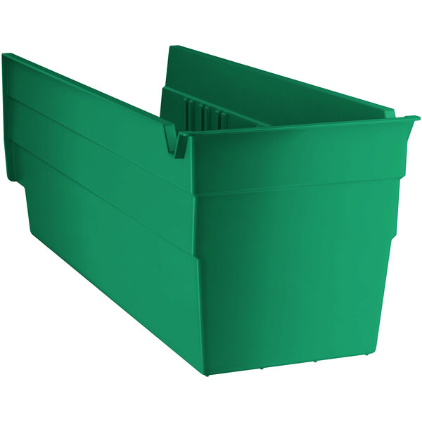 A green plastic Regency shelf bin.