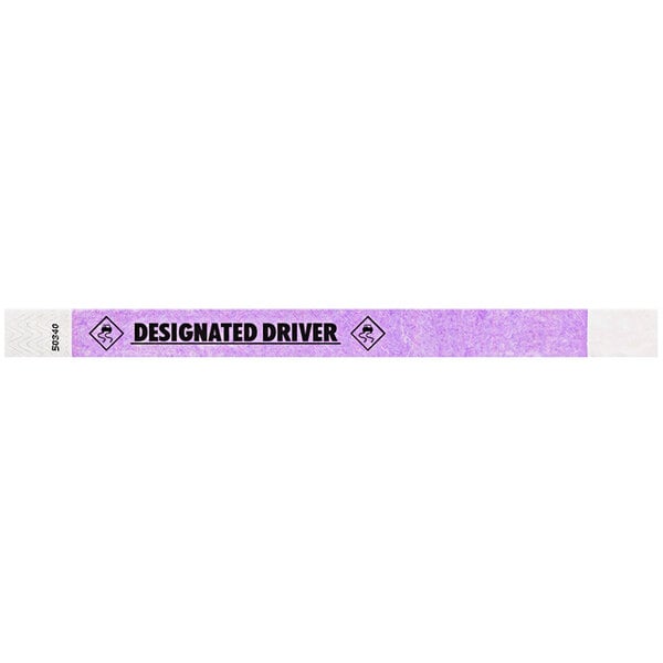 A light purple wristband with "DESIGNATED DRIVER" in white text.