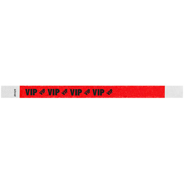 A red Tyvek wristband with black and white "VIP" text.