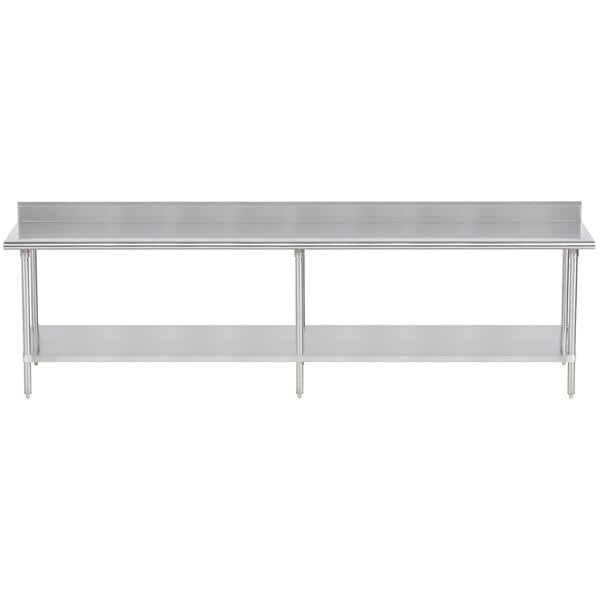 A long stainless steel Advance Tabco work table with undershelf.