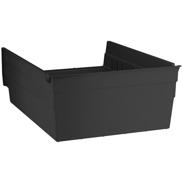 A black plastic Regency shelf bin.